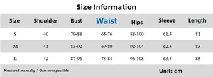 Detailed size chart for long sleeve slim dress showing shoulder, chest, and waist measurements