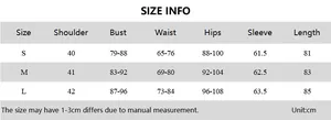 Size chart for slim fit long sleeve dress with bust, waist, and length measurements in cm