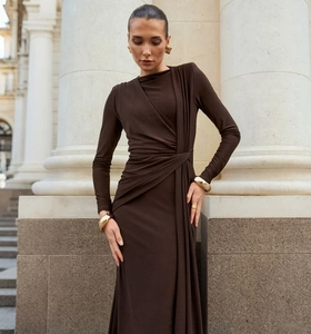 Detailed close-up of brown long sleeve bodycon dress with elegant cross drape pleated design