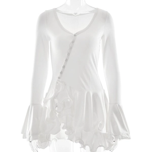 Elegante mini abito bianco a maniche lunghe con scollo a V, bottoni diagonali e volant