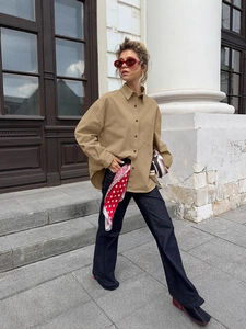 Women Casual Cotton Workwear Shirt Long Sleeve Turn Down Collar Oversized Blouse Top With Chest Pocket Khaki Pink Shirt