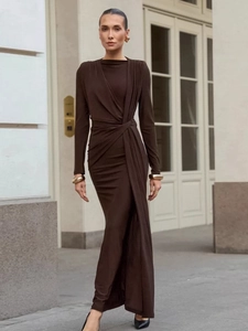 Elegant deep brown long sleeve bodycon dress with waist knot and draped pleat details