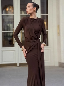 Elegant chocolate brown long sleeve slim fit maxi dress with stylish waist twist detail
