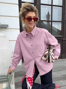 Oversized lavender cotton shirt for women with long sleeves and classic lapel collar