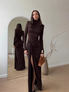 Robe Maxi Femme Col Montant Manches Longues Fronces à la Taille Fente Latérale Coupe Ajustée Élégante Robe de Soirée Automne Hiver Style Français