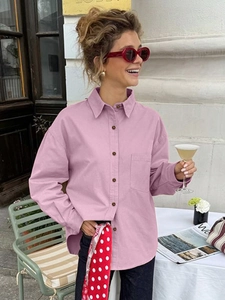 Women's pink cotton long-sleeve casual shirt with drop shoulders and single pocket
