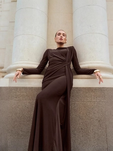 Women Elegant Long Sleeve Round Neck Bodycon Maxi Dress Waist Twist Pleated Drape Solid Color Party Banquet Dress