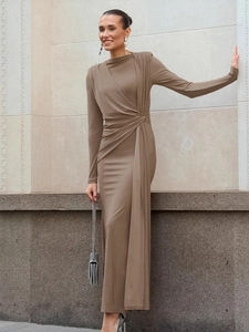 Elegant khaki long sleeve bodycon maxi dress with waist knot detail and slim fit design