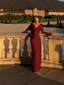 Elegant Burgundy V Neck Lace Trim Flare Sleeve Maxi Dress Women Slim Bodycon Long Sleeve Evening Party Banquet Gown Dress