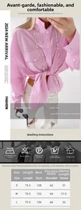 Detailed size chart and fabric care guide for pink striped long sleeve cotton blend shirt