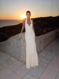 Elegant Women Halter Deep V Neck Backless Maxi Dress Tiered Layered Cake Skirt Sleeveless Knot Front Party Dress