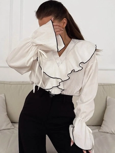 Elegant white French style blouse with black piping and ruffle trim for women