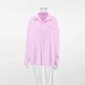 Detail of pink and white striped shirt with lapel collar and chest pocket detail