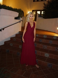 Elegant burgundy backless halter neck maxi dress with layered skirt for formal parties