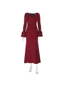 Elegant wine red lace V-neck long sleeve maxi dress with tiered bell cuffs and slim fit