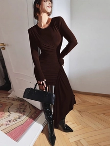 Slim fit dark brown long sleeve ruched dress with asymmetric draped hem for women