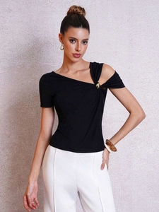 T-Shirt Élégant en Coton Mercerisé pour Femmes Asymétrique Une Épaule Avec Anneau en Métal Manches Courtes Top Coupe Slim Noir Casual Été