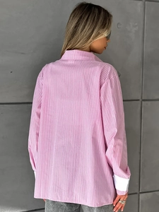 Pink and white striped oversized cotton shirt for women with dropped shoulders and white cuffs