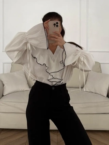 French style white ruffle shirt with black trim V-neck and drawstring flare sleeves