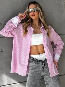 Pink and white striped oversize women shirt with contrast cuffs and chest pocket