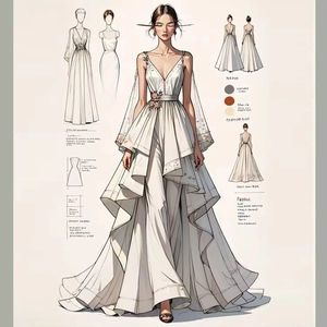 Detailed fashion illustration of an elegant long-sleeved shirt with V-neck and floral details