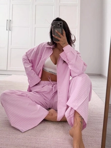 Women Casual Striped Loungewear Set Long Sleeve Button Up Shirt And Wide Leg Pants Two Piece Pajama Set Home Wear