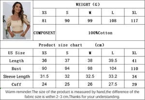 Size chart for women's square neck crop top showing dimensions and 100% cotton material