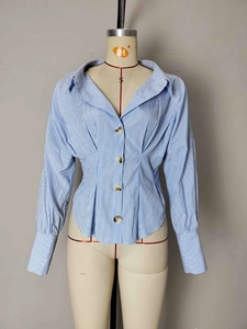 Elegant blue striped long sleeve shirt with waist pleats and large amber buttons