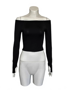 Off-the-shoulder long sleeve black slim fit crop top with thumbholes on plain white background