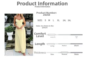 Detail view of light yellow sleeveless dress with product sizing chart and features