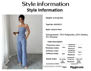 Detail view of blue and white striped tube top and wide-leg trousers fabric specs