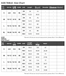 Size guide for striped tube top and pants set showing UK, US, and EU measurements