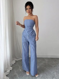 Elegant blue and white vertical striped tube top and wide-leg trousers two-piece set