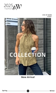 Detail shot of a slim fit sleeveless halter neck collar top in olive green for women