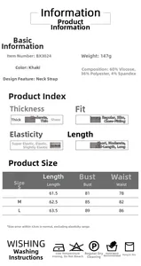 Size chart and fabric details for backless halter top made of rayon and polyester