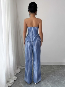 Elegant blue and white striped tube top and wide-leg pants set with an open back design