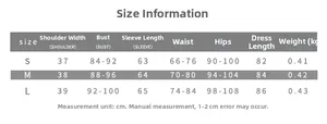 Detailed size guide table for backless flare sleeve mini dress including S M L measurements