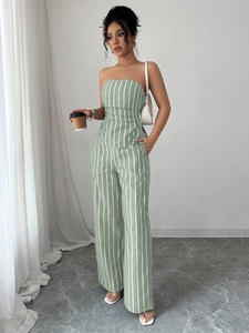 Elegant sage green striped two-piece set featuring a tube top and high-waisted wide-leg pants
