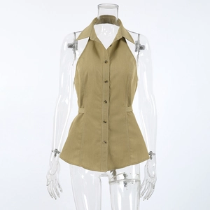 Detail of khaki halter neck top featuring a lapel collar and dark button-down front closure