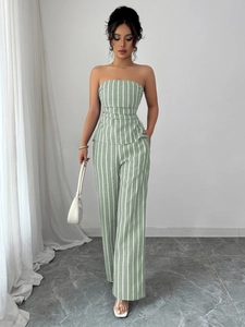Elegant sage green striped two-piece set with a bandeau peplum top and wide-leg trousers