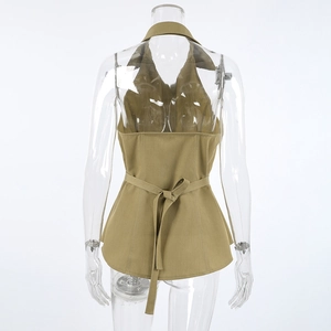 Back view of khaki halter top showing tie-waist detail and flared hem on mannequin