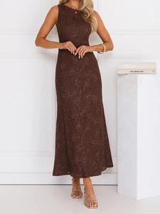 Elegant dark brown sleeveless maxi dress with floral embroidery and high-street style