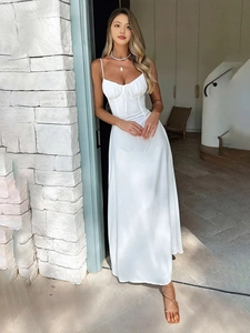 Elegant white satin midi dress with tie-up bust and adjustable spaghetti straps for summer