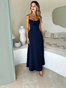 Elegant navy blue A-line maxi dress with spaghetti straps and tie-front sweetheart neckline