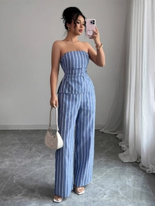 Elegant Women Striped Strapless Crop Top And High Waist Wide Leg Pants Casual Breathable Summer Vacation Beachwear Outfit
