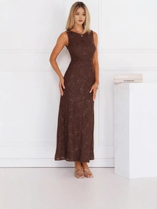 Women Elegant Floral Embroidery Lace Maxi Dress Sexy Backless Sleeveless Sequin Slim Fit Evening Party Long Dress Brown