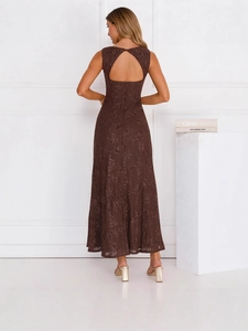 Elegant backless lace sequin maxi dress in coffee brown with A-line silhouette