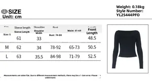 Detailed size chart for lace V-neck long sleeve top showing measurements in centimeters