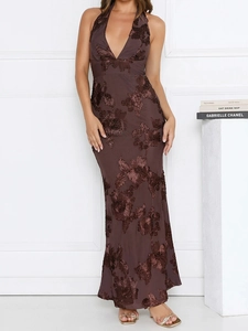 Detail of chocolate floral lace embroidery on deep V-neck backless evening gown