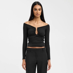 Detail of off-the-shoulder neckline with V-cutout and ruched texture on black top